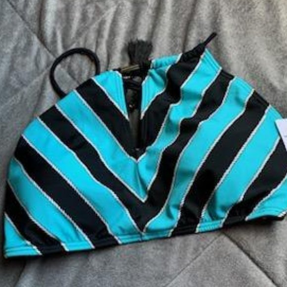 Michael Kors Striped High Neck Halter Bathing Suit Top - Picture 1 of 6